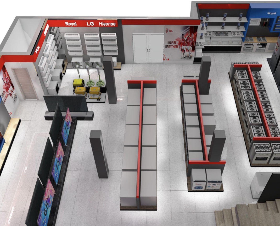 STEL Retail storefront at night — illuminated electronics store with brand signage